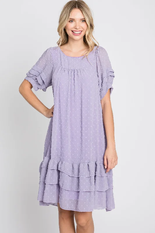 Lavender Chiffon Swiss Dot Ruffle Hem Midi Dress