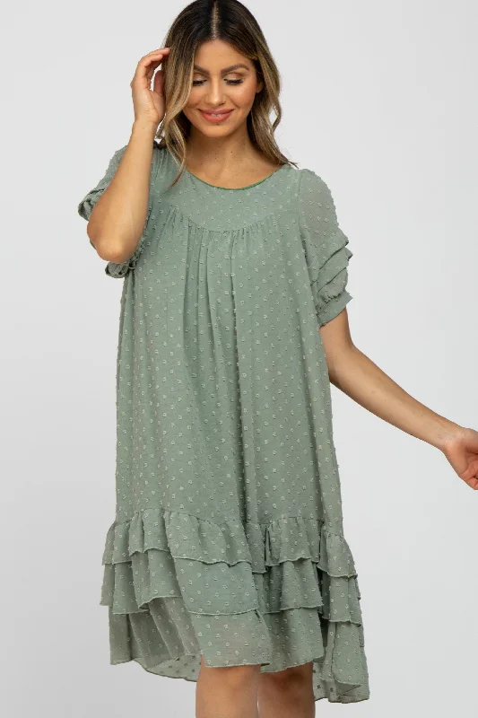 Light Olive Chiffon Swiss Dot Ruffle Hem Midi Dress