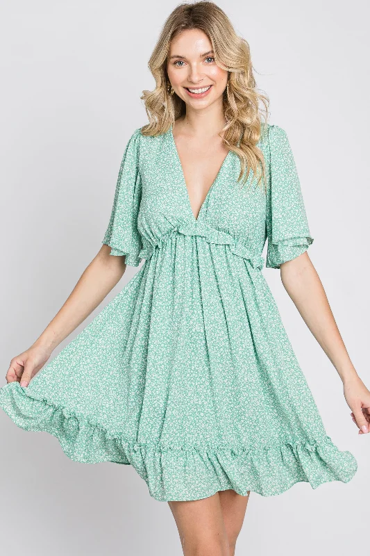 Mint Green Floral Ruffle Accent Cutout Dress