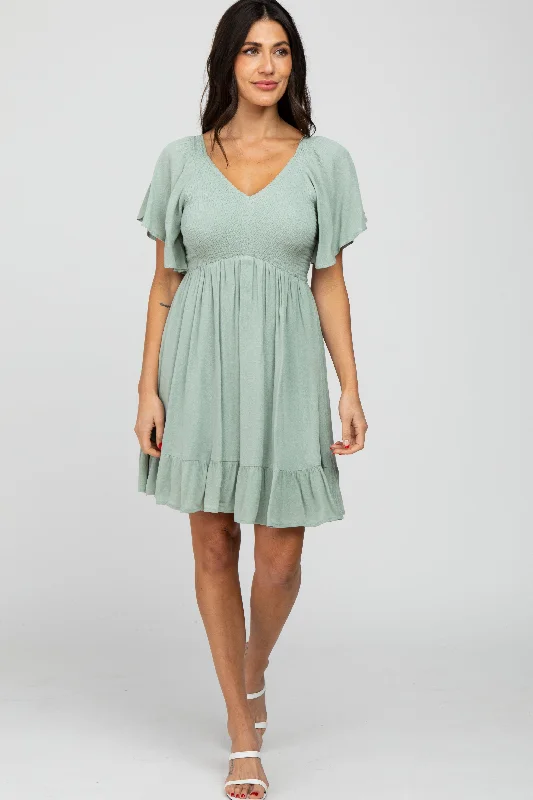 Mint Green Smocked Front Ruffle Hem Dress