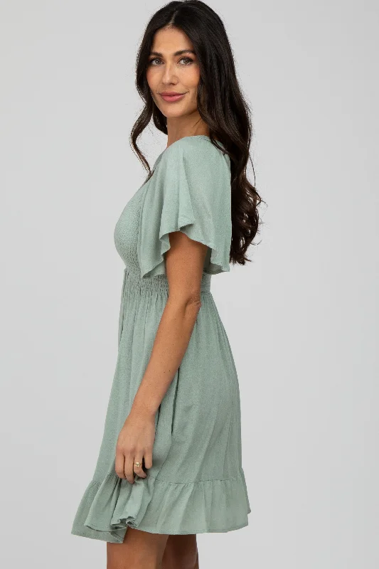 Mint Green Smocked Front Ruffle Hem Dress