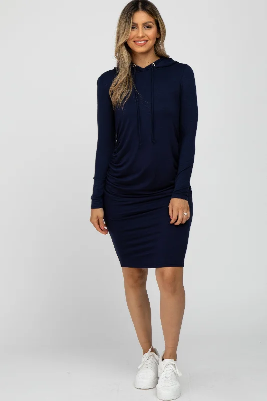 Navy Blue Ruched Hooded Dress