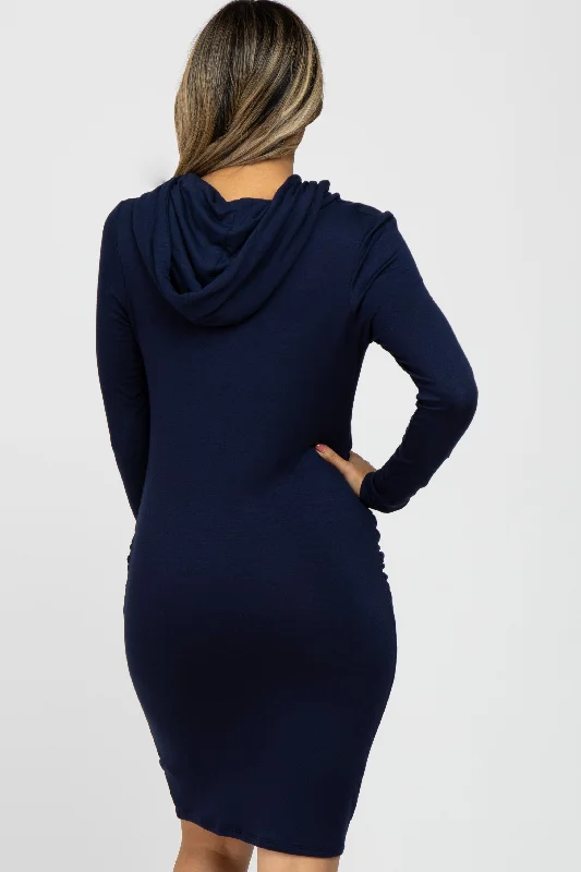 Navy Blue Ruched Hooded Dress