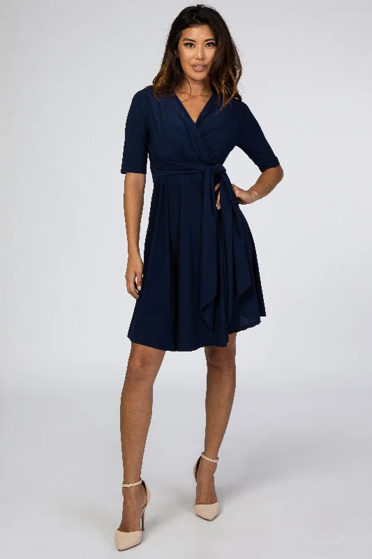 Navy Waist Tie Nursing Dress