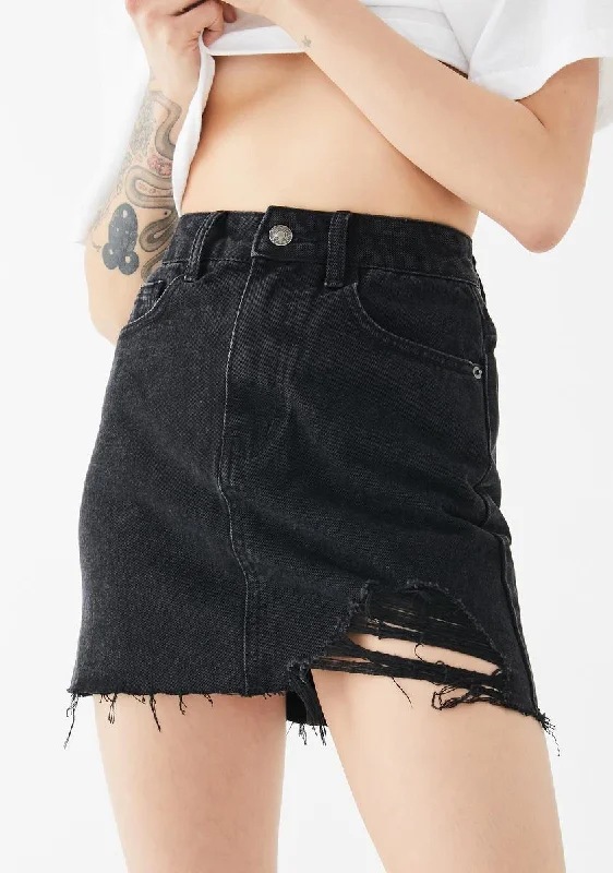 One Sided Distressed Hem Denim Skirt