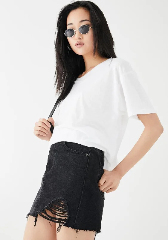 One Sided Distressed Hem Denim Skirt