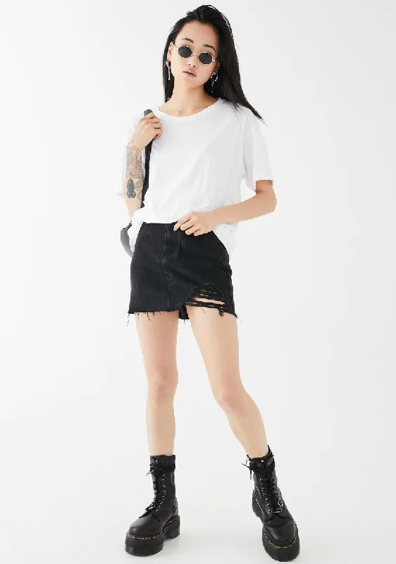 One Sided Distressed Hem Denim Skirt