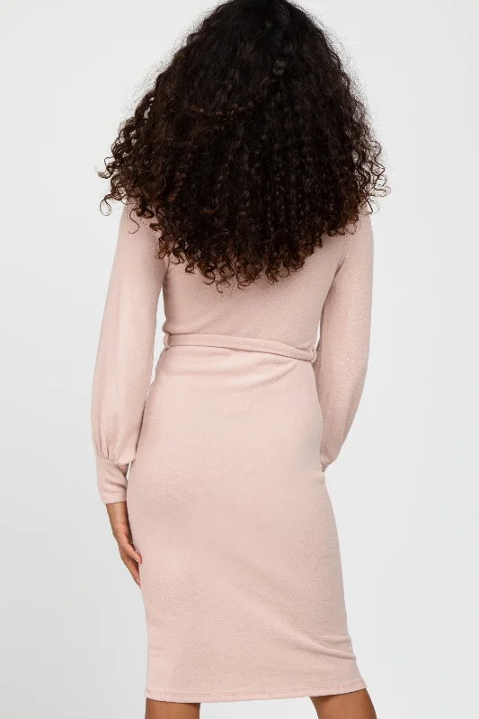 Pink Soft Brushed Waist Tie Bubble Sleeve Dress