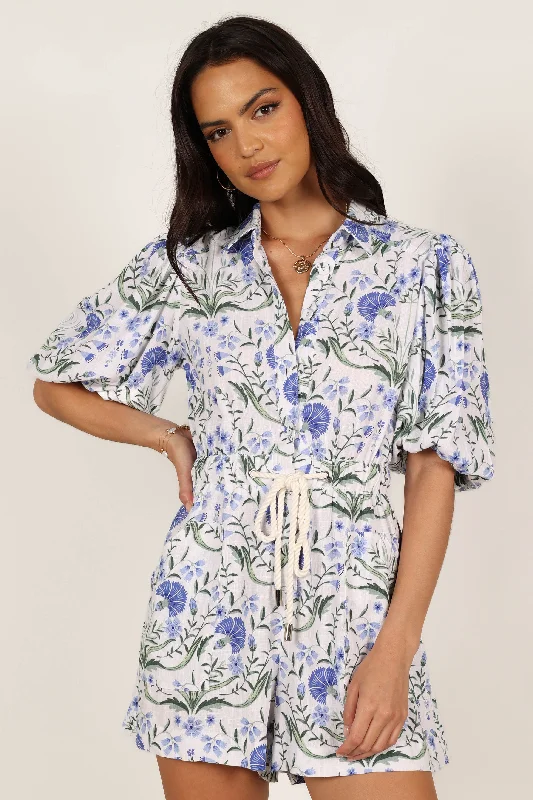 Annie Linen Romper - Blue Floral