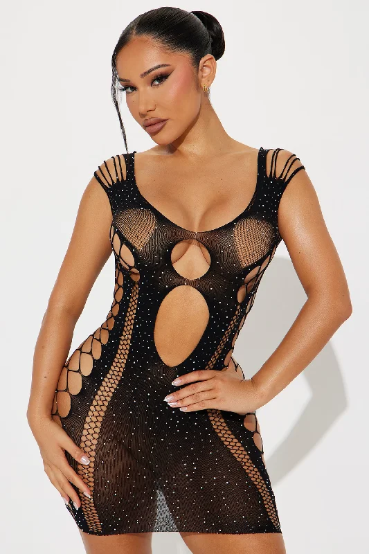 Ayla Rhinestone Dress Bodystocking - Black