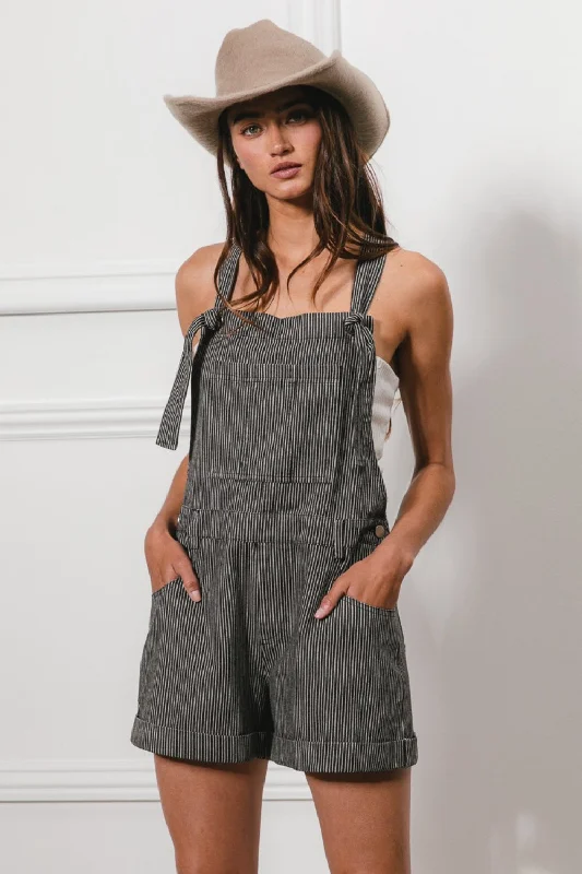 Hot Girl Tie Strap Washed Stripe Denim Overalls In Charcoal