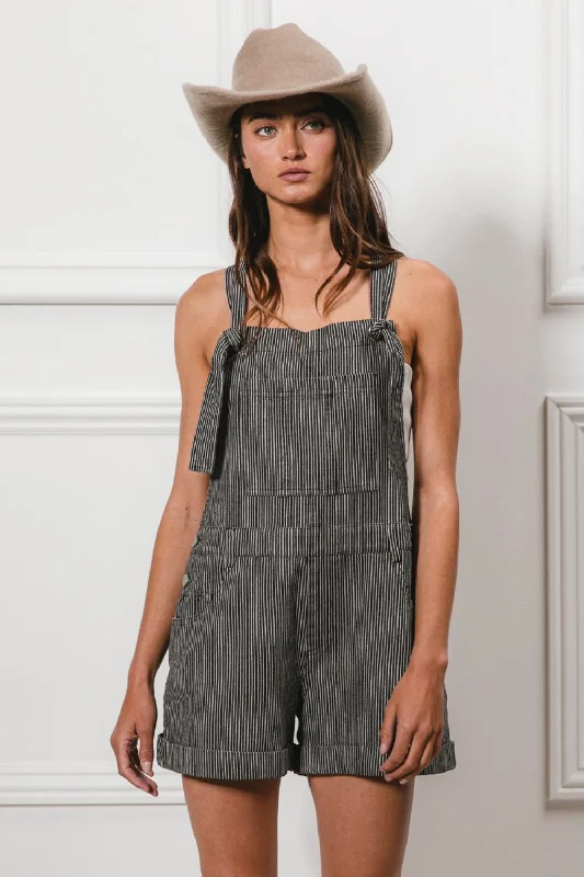 Hot Girl Tie Strap Washed Stripe Denim Overalls In Charcoal