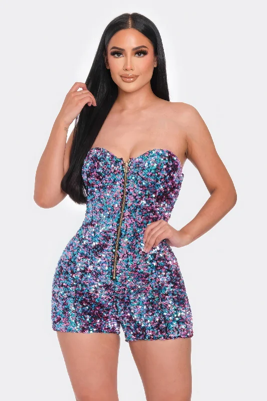 Hot Girl Sequined Strapless Zippered Romper