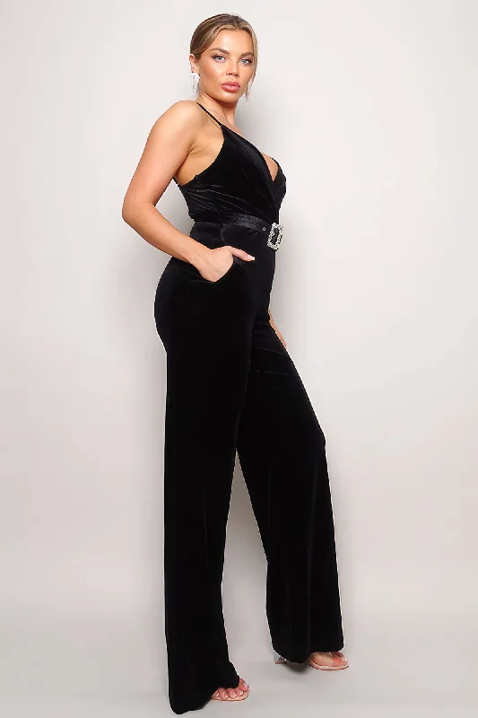 Hot Girl Samba Rhinestone Belt Velvet Jumpsuit In Black