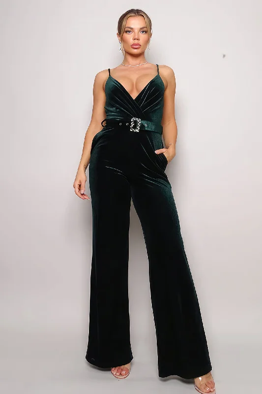 Hot Girl Samba Rhinestone Belt Velvet Jumpsuit In Hunter Green