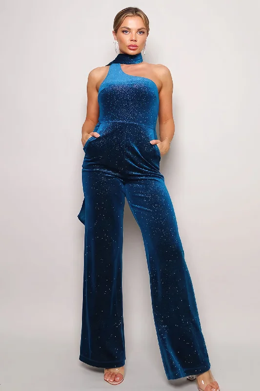 Hot Girl Scarf Top Glitter Velvet Jumpsuit In Peacock Blue