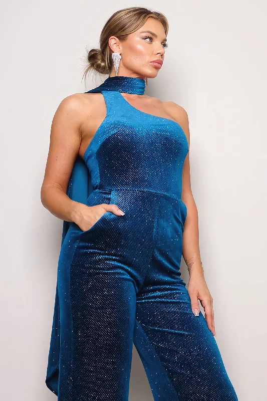 Hot Girl Scarf Top Glitter Velvet Jumpsuit In Peacock Blue