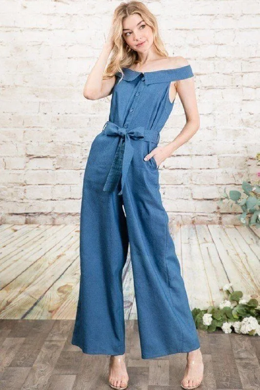 Hot Girl Off Shoulder Button Down  Chambray Denim Wide Leg Palazzo Jumpsuit With Waist Tie