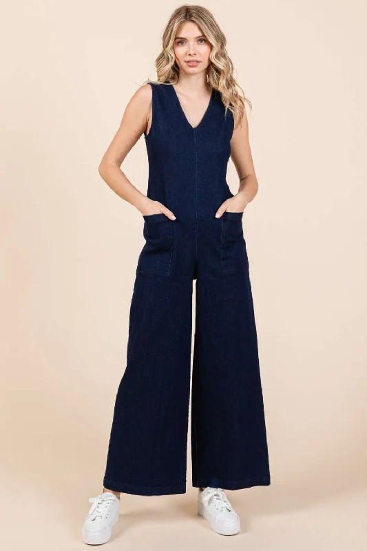 Hot Girl Mitto Sleeveless Wide Leg Denim Jumpsuit In Dark