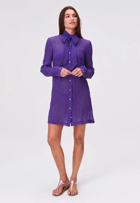 Pussy Bow Shirt Dress Short - Blueberry Sorrento Gauze