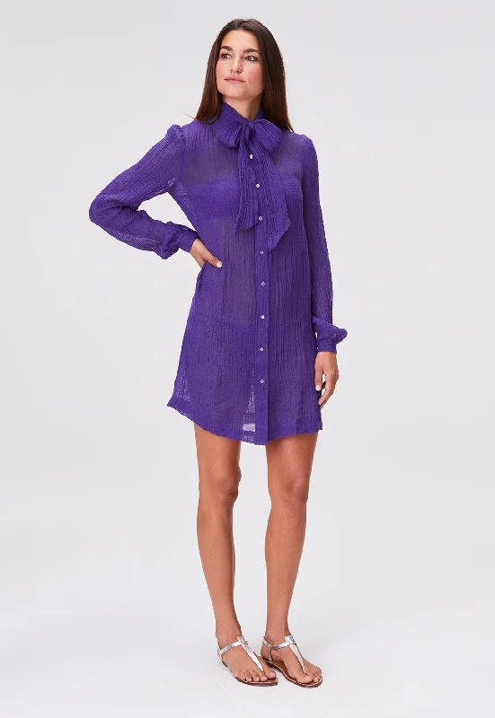 Pussy Bow Shirt Dress Short - Blueberry Sorrento Gauze