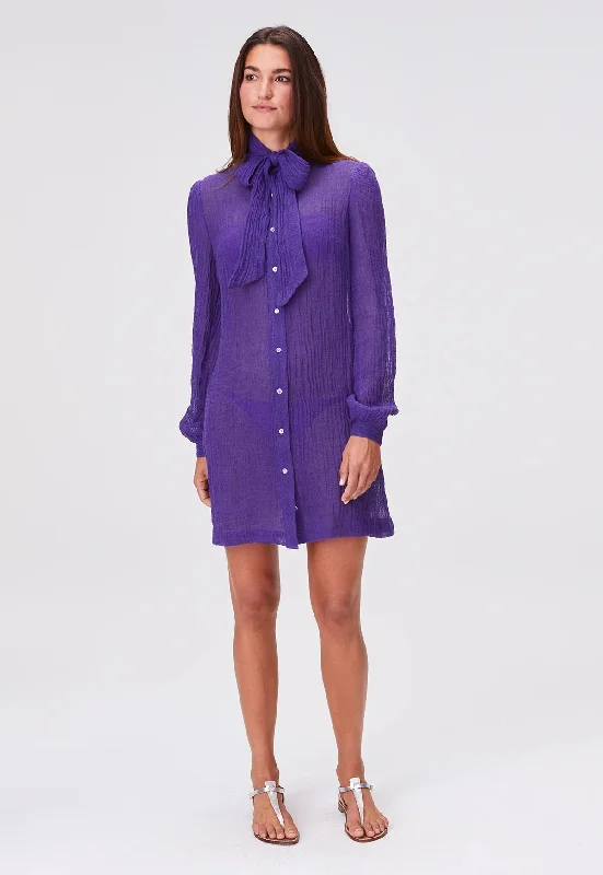 Pussy Bow Shirt Dress Short - Blueberry Sorrento Gauze