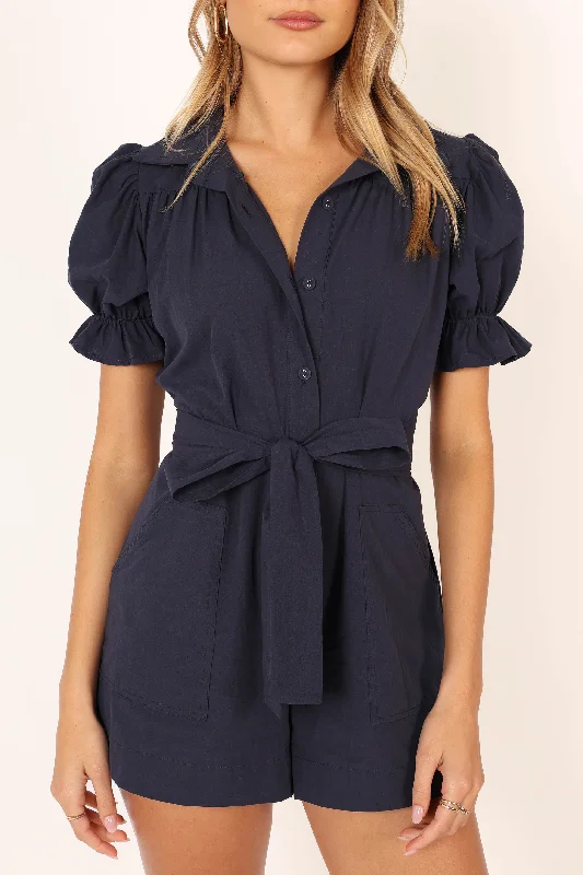 Riley Waist Tie Romper - Navy