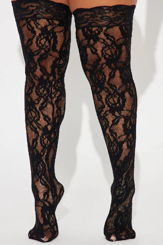 Rose Lace Thigh Highs - Black