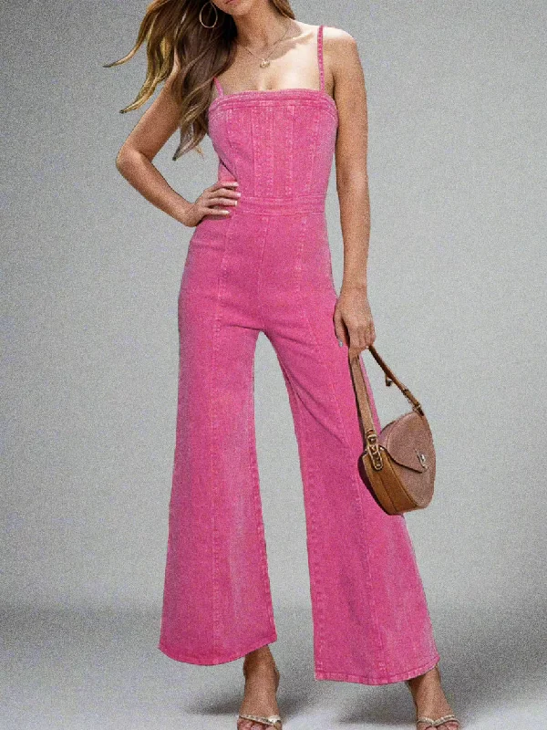 Hot Girl Spaghetti Strap Wide Leg Denim Jumpsuit