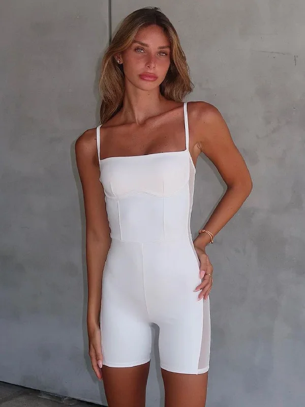 Hot Girl Mesh Accent Corset Detail Spaghetti Strap Romper In White