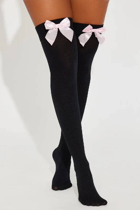 Sweet Desires Sheer Bow Thigh Highs - Black/Pink