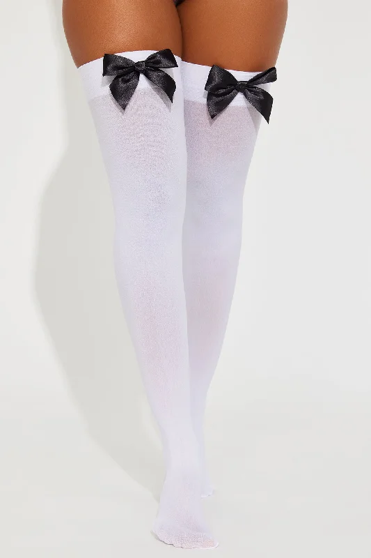 Sweet Desires Sheer Bow Thigh Highs - White/Black