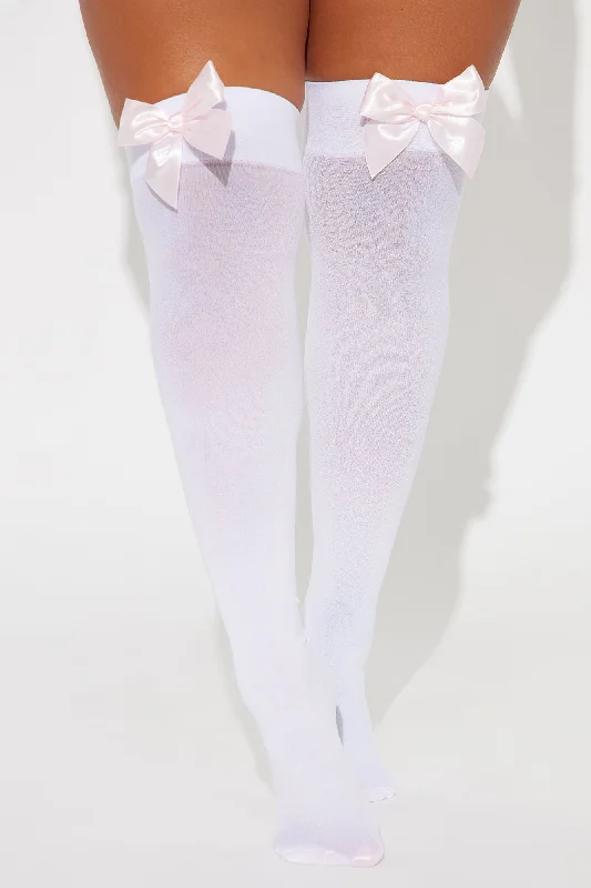 Sweet Desires Sheer Bow Thigh Highs - White/Pink