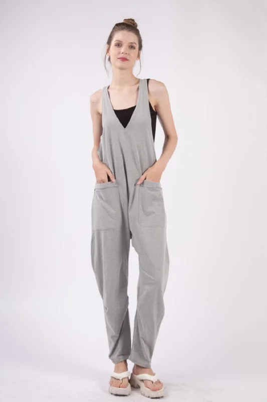 Hot Girl Basic Bae Plunge Racerback Jumpsuit with Pockets In Grey