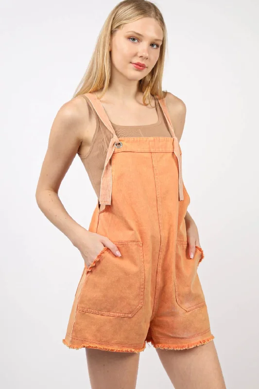 Hot Girl Washed Frayed Hem Denim Overall In Orange