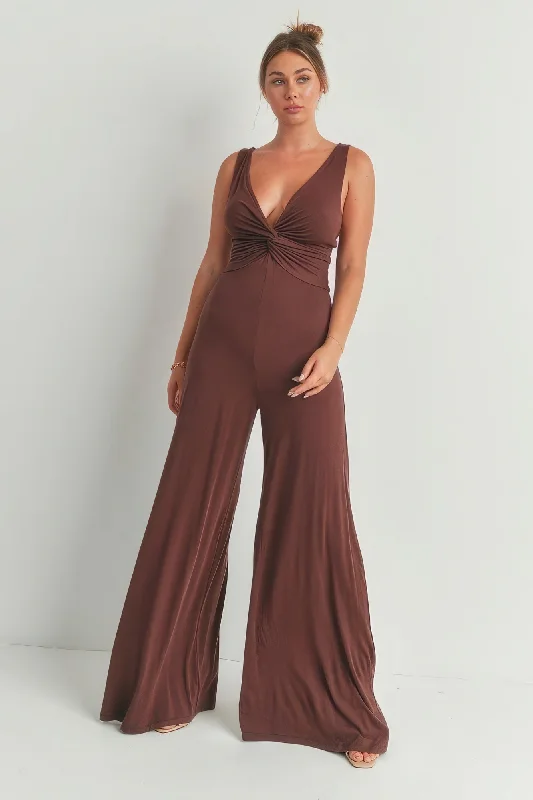 Hot Girl Twisted Wide Leg Jumpsuit In Chocolate