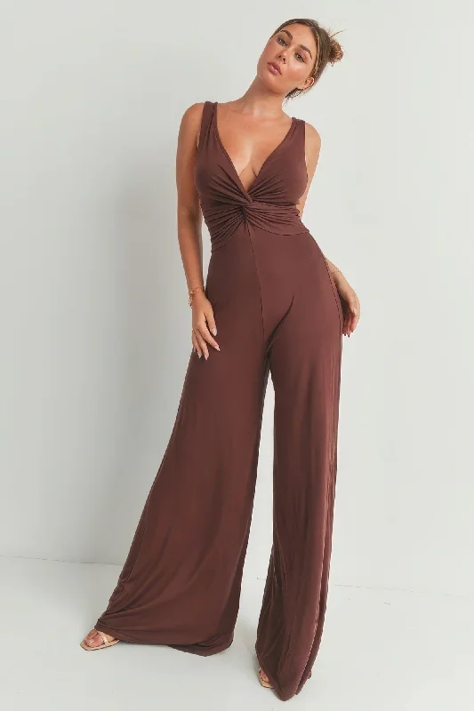 Hot Girl Twisted Wide Leg Jumpsuit In Chocolate