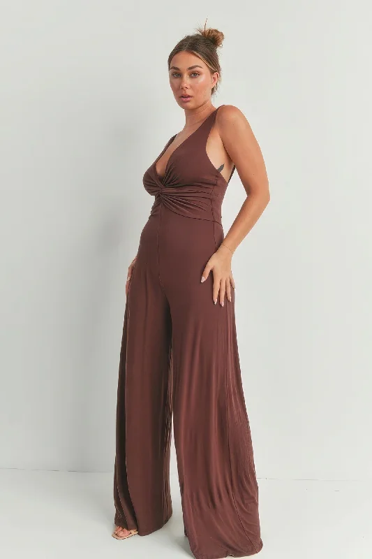 Hot Girl Twisted Wide Leg Jumpsuit In Chocolate