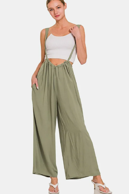 Hot Girl Pocketed Wide Leg Overalls In Olive