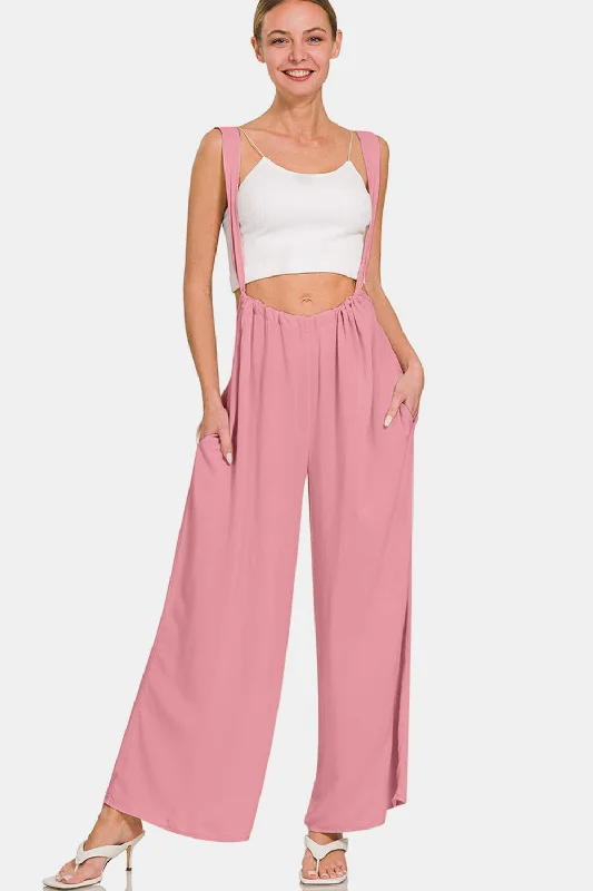 Hot Girl Pocketed Wide Leg Overalls In Rose Pink