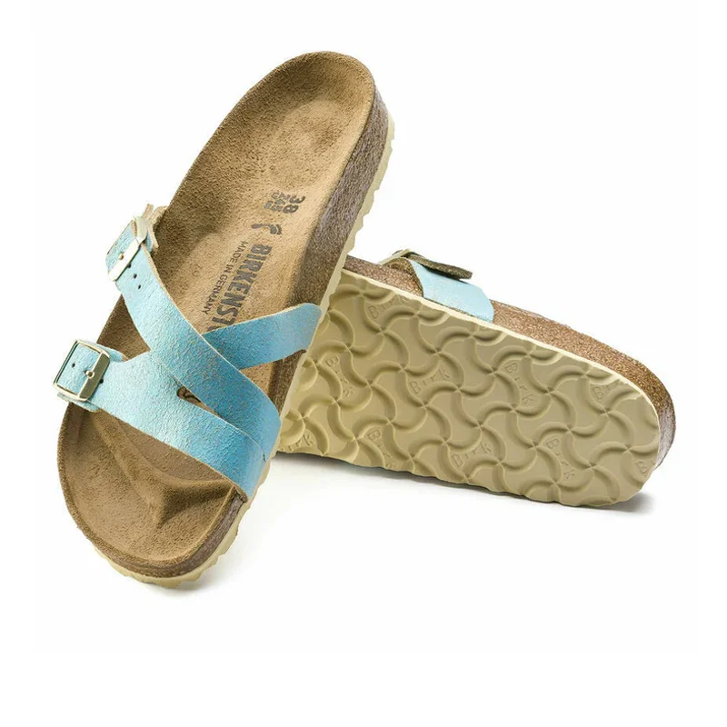 Birkenstock Yao Slide Sandal (Women) - Washed Metallic Aqua Suede