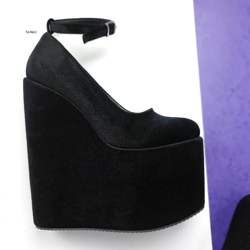 Black Velvet Ankle Strap Heel Wedges