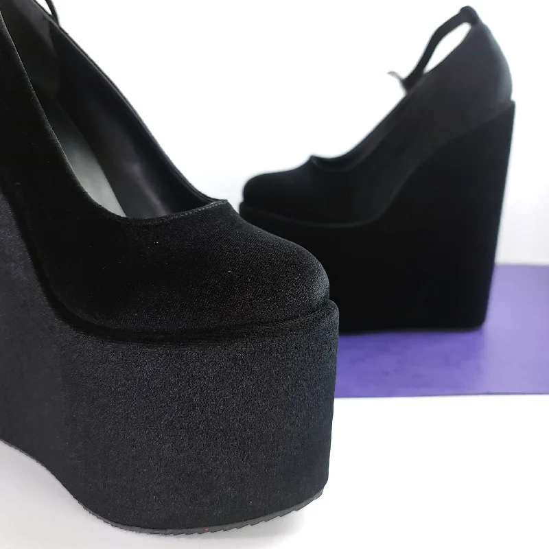 Black Velvet Ankle Strap Heel Wedges