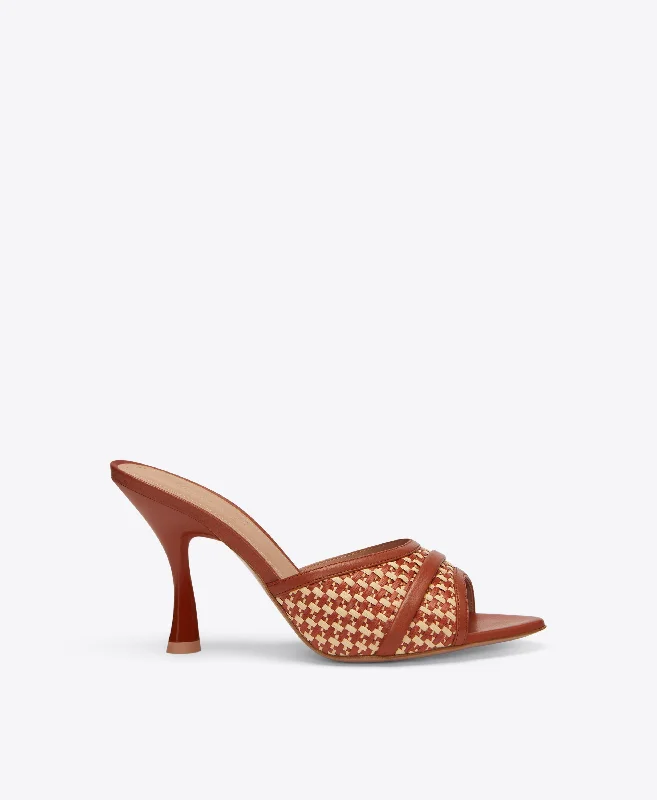 Julia 90 - Tan Raffia Leather Sandals with Curved Heel