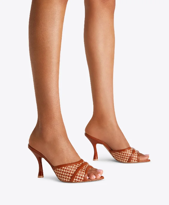 Julia 90 - Tan Raffia Leather Sandals with Curved Heel