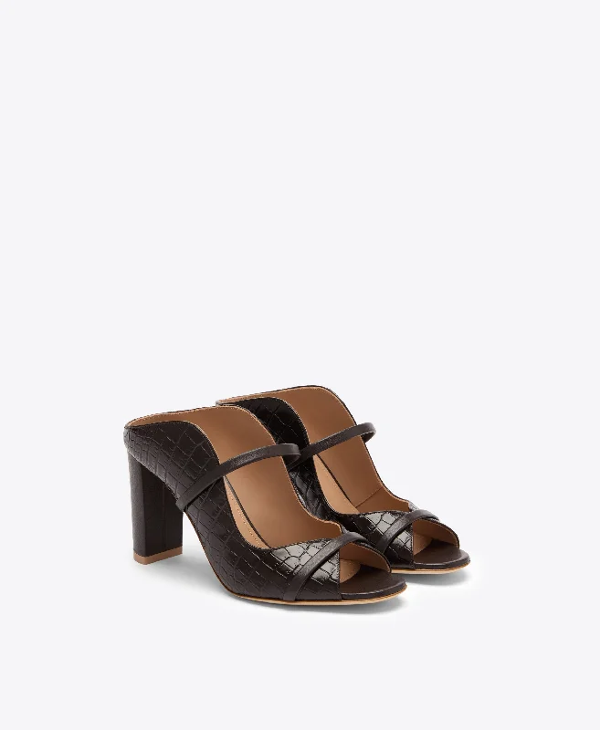 Norah 85 - Dark Brown Croc Embossed Leather Sandals