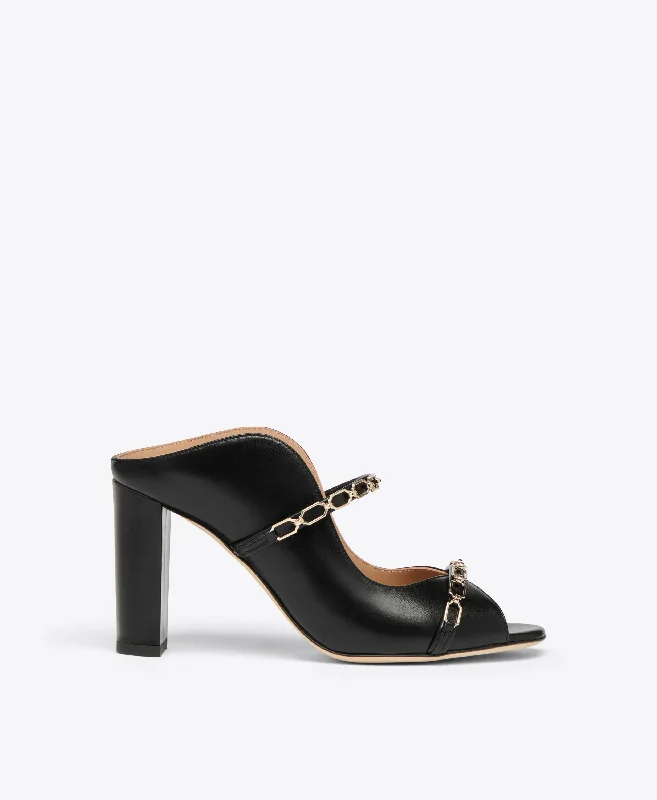 Norah 85 - Black Leather Heeled Sandals with Gold Chain Detail