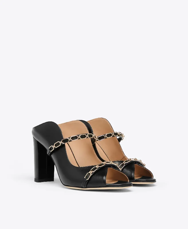 Norah 85 - Black Leather Heeled Sandals with Gold Chain Detail