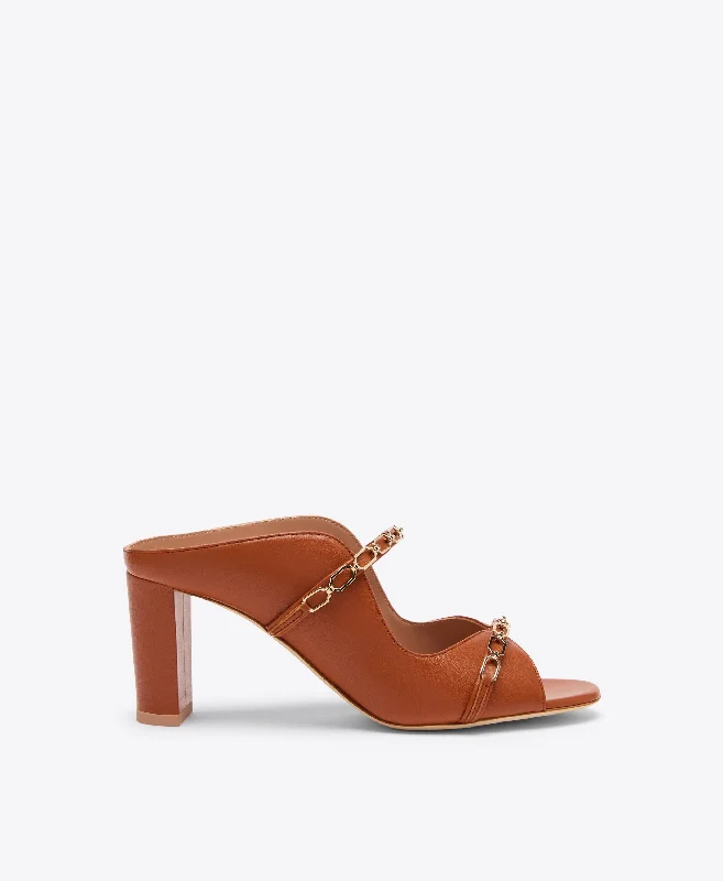 Norah 70 - Tan Leather Heeled Sandals with Chain Detail