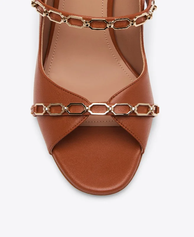 Norah 70 - Tan Leather Heeled Sandals with Chain Detail